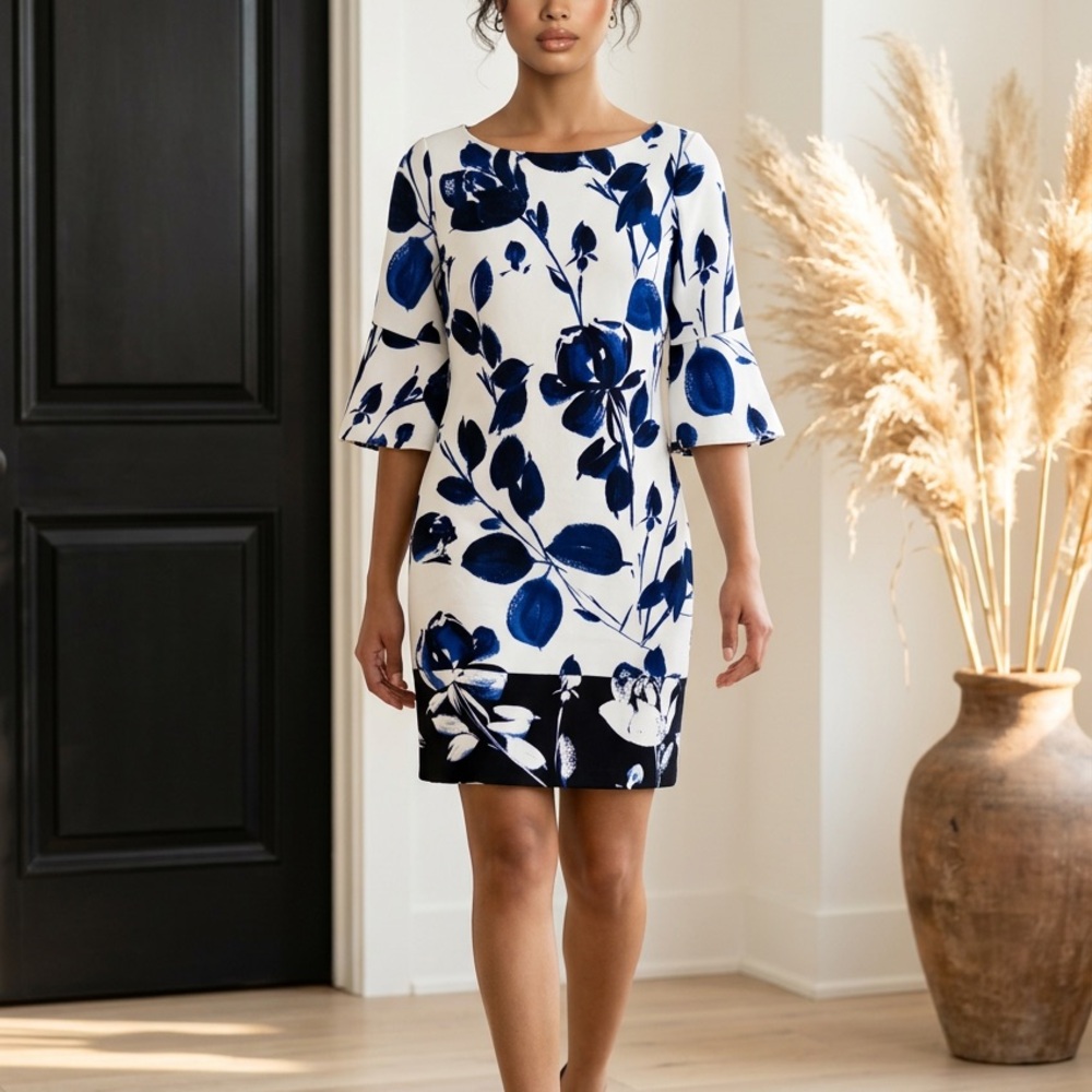 Vince Camuto Blue and White Floral Long Sleeve Dress